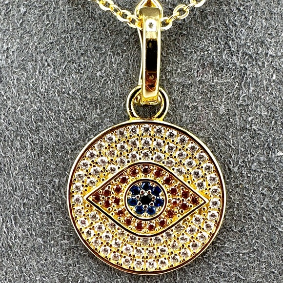 18K Gold Plated over 925 Solid Sterling Silver Evil Eye Pendant Necklace - Picture 2 of 7